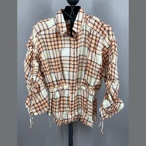 NEW Free People Shirt Womens XS orange brown plaid button up colorful boho